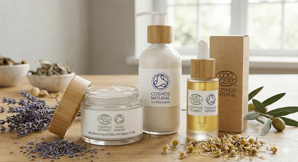 Логотипи COSMOS ORGANIC та COSMOS NATURAL на упаковці косметики