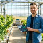 Експорт до ЄС: Головні вимоги 2026. Сучасний фермер перевіряє експортну документацію на планшеті на тлі теплиці.