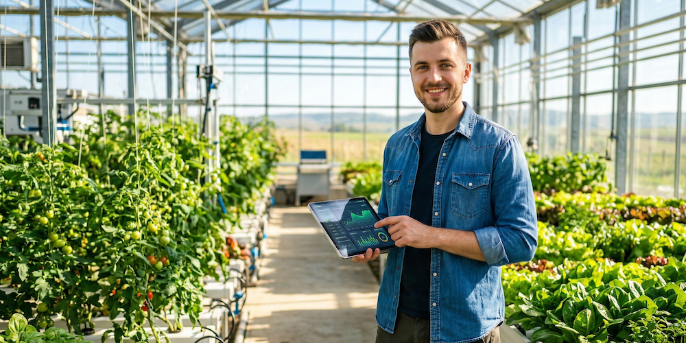 Експорт до ЄС: Головні вимоги 2026. Сучасний фермер перевіряє експортну документацію на планшеті на тлі теплиці.